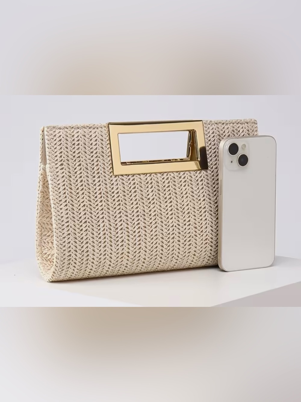 Woven Beige Knit Clutch with Gold Accent - Picture 2 of 7